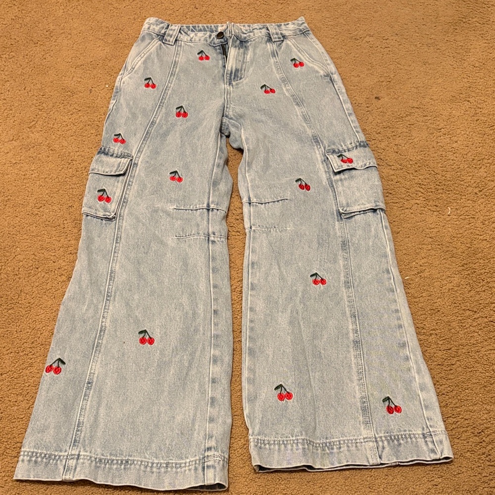 Cherry Embroidered Wide Leg Jeans
